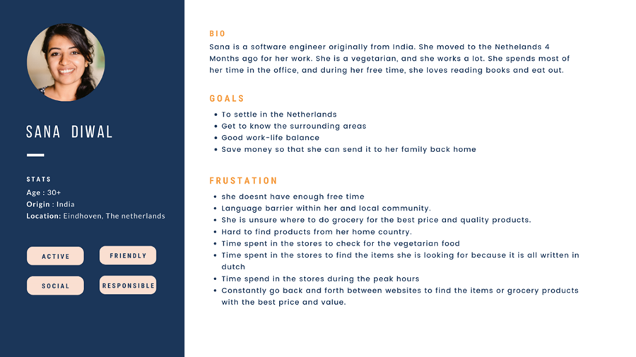 User persona built from interviews with 10 expat participants, showing shopping behaviour, constraints, and goals